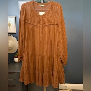 NWT American Eagle Outfitters Rust Brown Tiered Long-Sleeve Dress